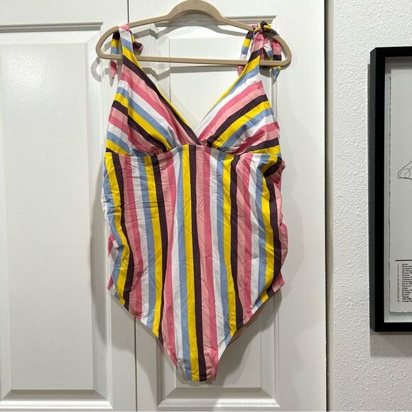NWT Isabel Maternity 1-Piece Bathing Suit Stripes Pink Multi Shoulder Ties XXL - Picture 1 of 10